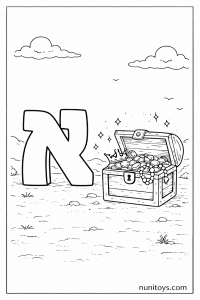 דף צביעה אוצר בתיבה פתוחה ליד אות א׳ גדולה