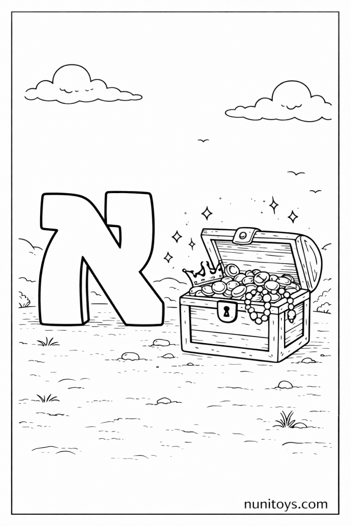 דף צביעה אוצר בתיבה פתוחה ליד אות א׳ גדולה