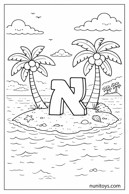 דף צביעה אי טרופי קטן עם אות א׳ גדולה בחול ליד הדקלים