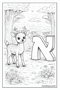 דף צביעה אייל חמוד עומד ליד אות א׳ גדולה ביער