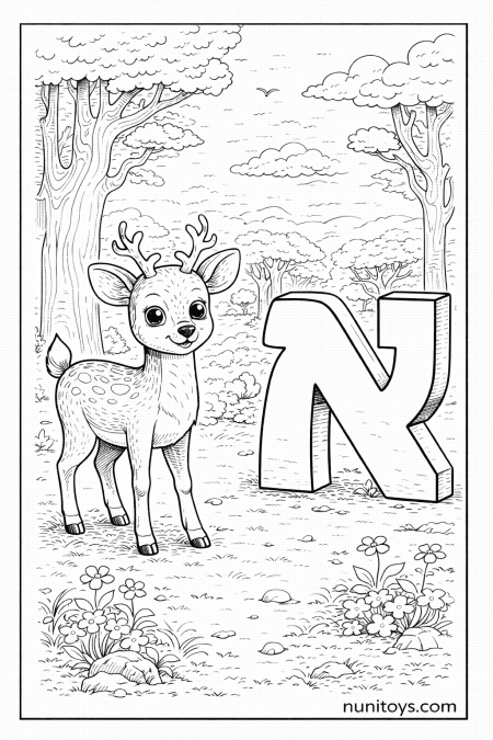 דף צביעה אייל חמוד עומד ליד אות א׳ גדולה ביער