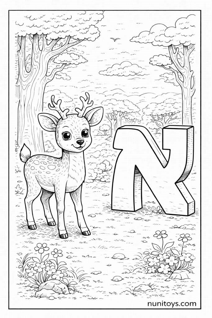 דף צביעה אייל חמוד עומד ליד אות א׳ גדולה ביער