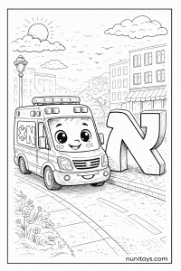 דף צביעה אמבולנס חמוד חונה ליד אות א׳ גדולה ברחוב