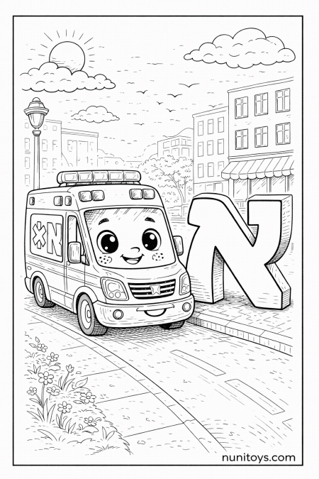 דף צביעה אמבולנס חמוד חונה ליד אות א׳ גדולה ברחוב