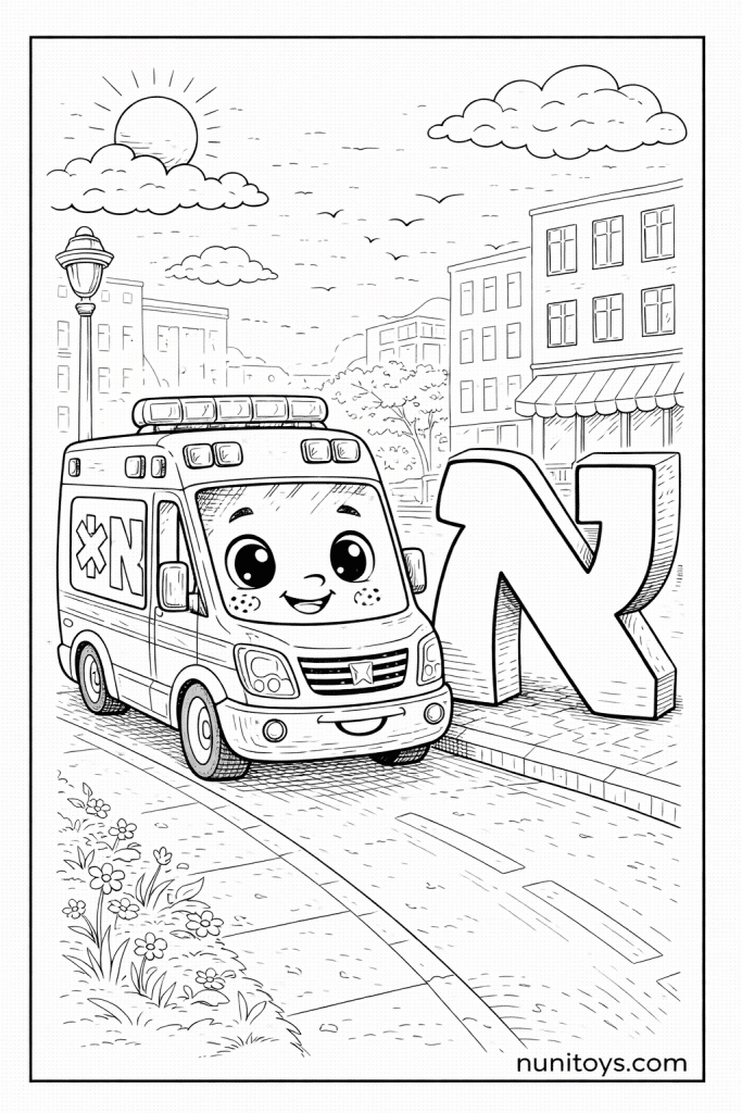 דף צביעה אמבולנס חמוד חונה ליד אות א׳ גדולה ברחוב