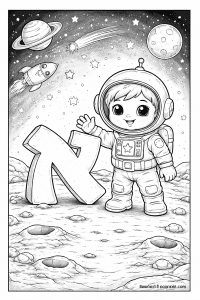 דף צביעה אסטרונאוט קטן עומד ליד האות א׳ בחלל