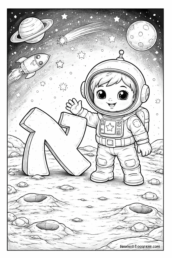 דף צביעה אסטרונאוט קטן עומד ליד האות א׳ בחלל