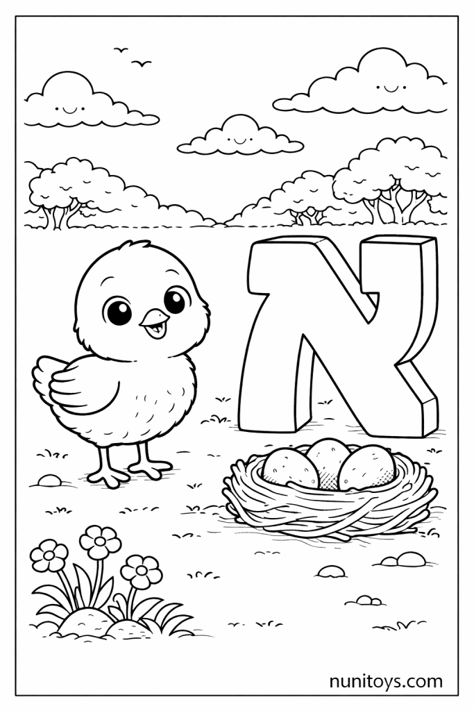 דף צביעה אפרוח חמוד עומד ליד אות א׳ גדולה ליד קן