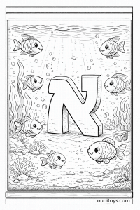 דף צביעה אקווריום עם דגים חמודים סביב אות א׳ גדולה במים