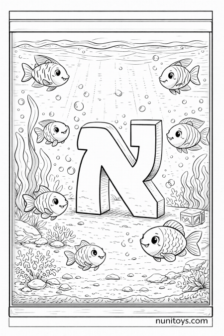 דף צביעה אקווריום עם דגים חמודים סביב אות א׳ גדולה במים