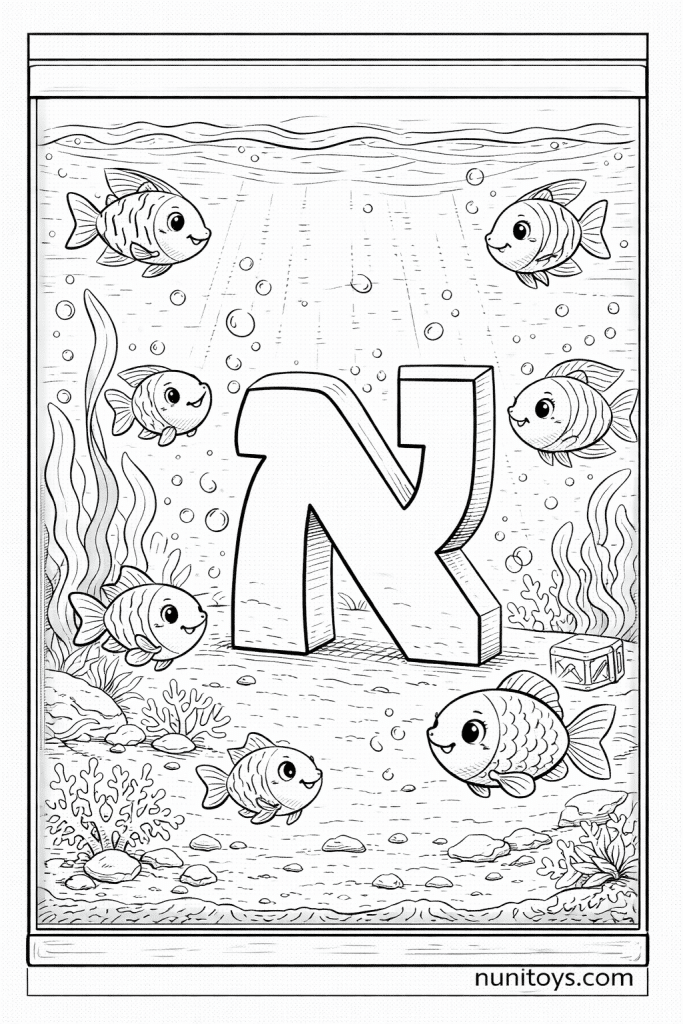 דף צביעה אקווריום עם דגים חמודים סביב אות א׳ גדולה במים