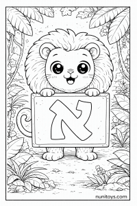 דף צביעה אריה חמוד מחזיק שלט עם האות א׳ בג׳ונגל