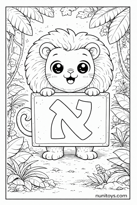 דף צביעה אריה חמוד מחזיק שלט עם האות א׳ בג׳ונגל