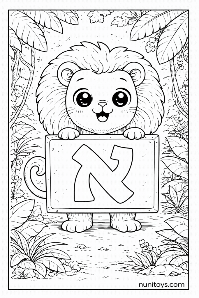 דף צביעה אריה חמוד מחזיק שלט עם האות א׳ בג׳ונגל