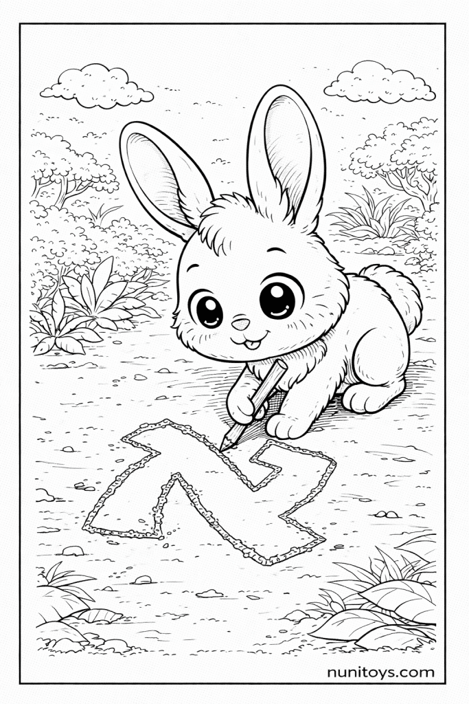 דף צביעה ארנב חמוד מצייר את האות א׳ על האדמה