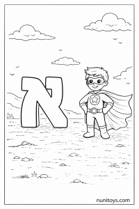 דף צביעה גיבור-על חמוד עומד ליד אות א׳ גדולה עם גלימה