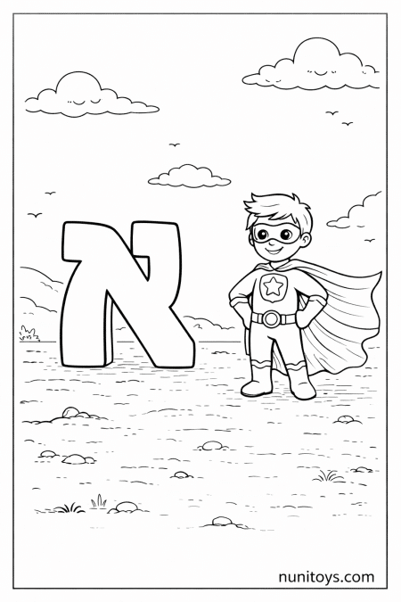 דף צביעה גיבור-על חמוד עומד ליד אות א׳ גדולה עם גלימה