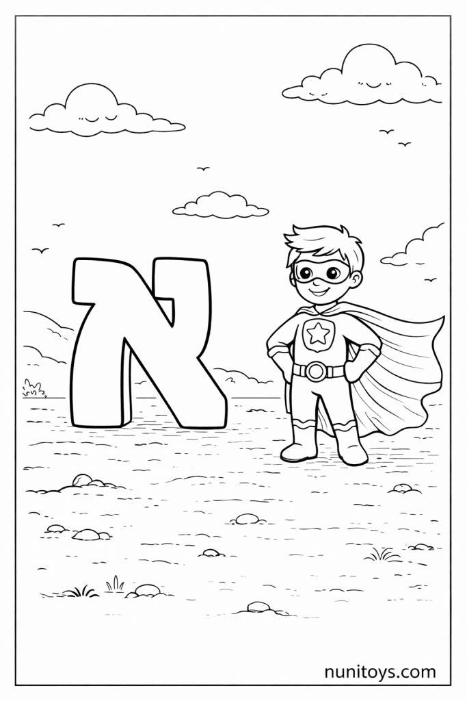 דף צביעה גיבור-על חמוד עומד ליד אות א׳ גדולה עם גלימה