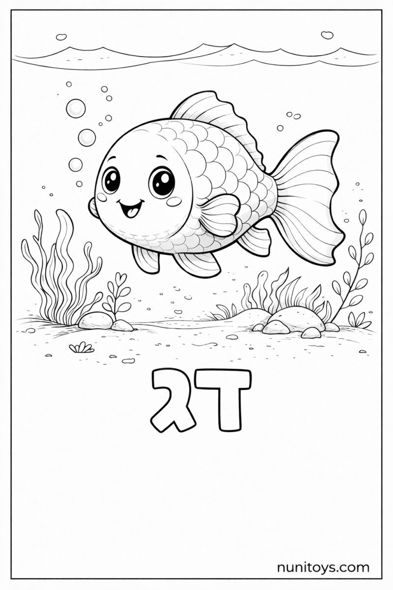 דף צביעה של האות ד עם דג