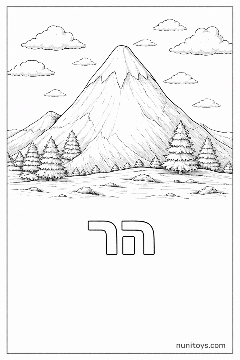 דף צביעה של האות ה עם הר