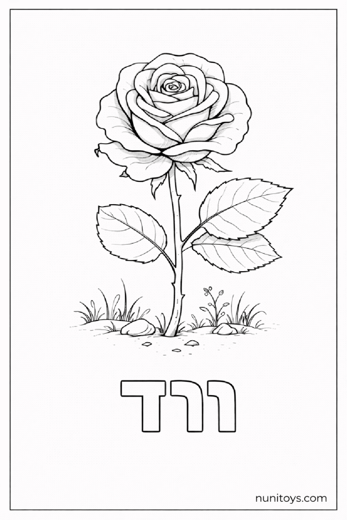 דף צביעה של האות ו עם ורד