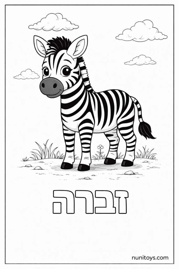 דף צביעה של האות ז עם זברה