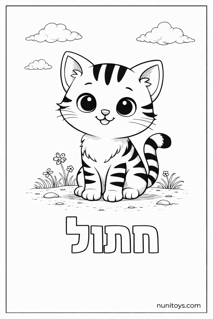 דף צביעה של האות ח עם חתול