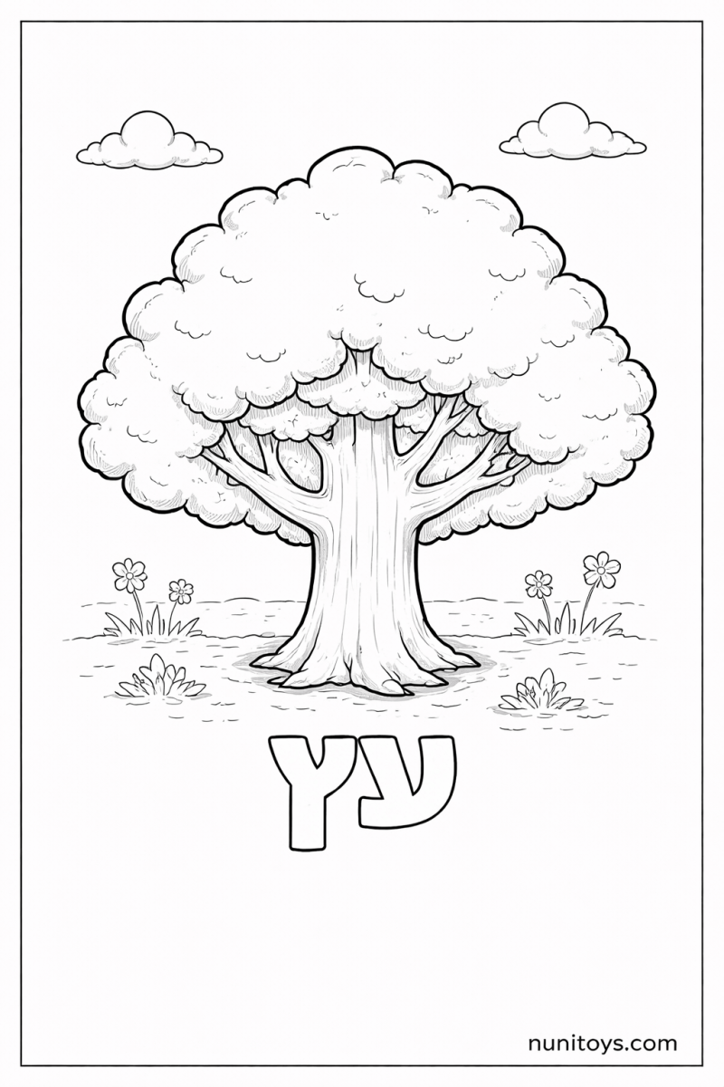 דף צביעה של האות ע עם עץ