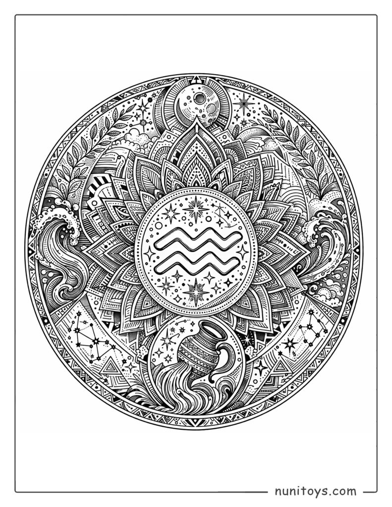 Aquarius mandala coloring page combining abstract elements and advanced detailed structure