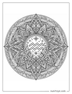 Aquarius mandala coloring page combining sharp symmetry and intricate linework details