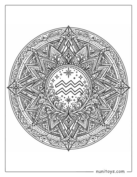 Aquarius mandala coloring page combining sharp symmetry and intricate linework details