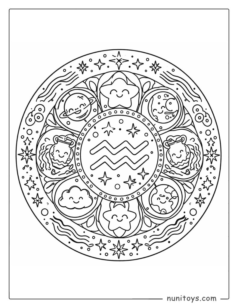 Aquarius mandala coloring page combining simple symmetry and friendly cosmic elements