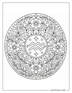 Aquarius mandala coloring page combining vines, flowers, and elegant radial symmetry