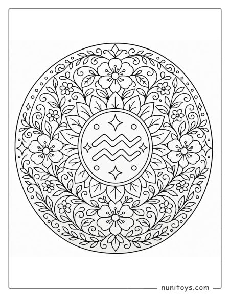 Aquarius mandala coloring page combining vines, flowers, and elegant radial symmetry