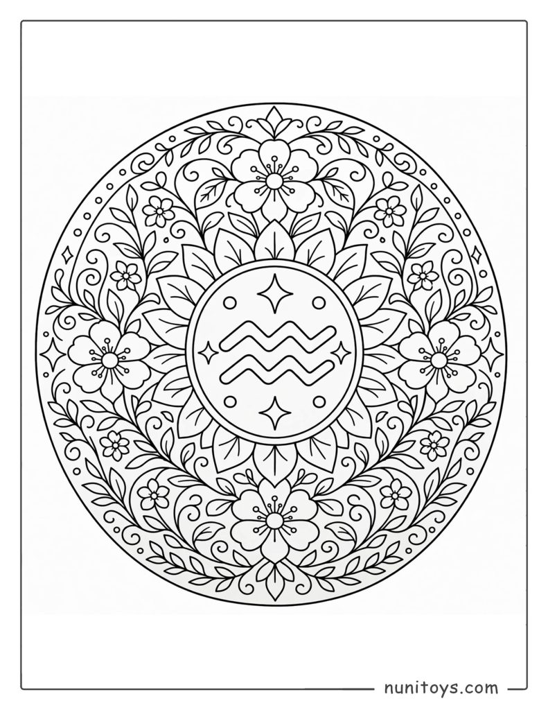 Aquarius mandala coloring page combining vines, flowers, and elegant radial symmetry