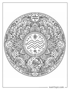 Aquarius mandala coloring page featuring intricate linework and complex zodiac symbolism