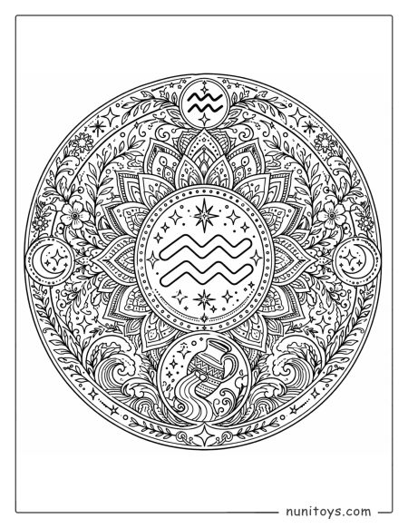 Aquarius mandala coloring page featuring intricate linework and complex zodiac symbolism