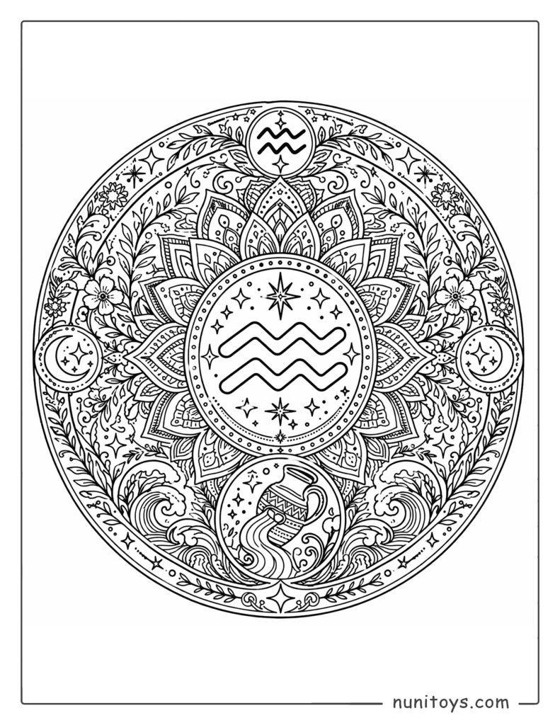 Aquarius mandala coloring page featuring intricate linework and complex zodiac symbolism