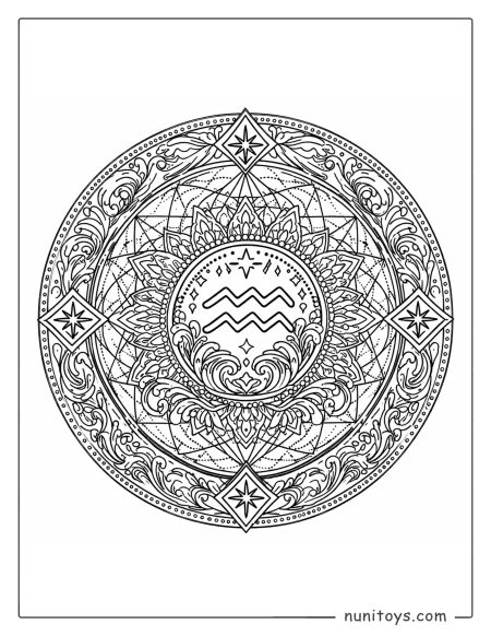 Aquarius mandala coloring page featuring layered sacred geometry and zodiac symbol center