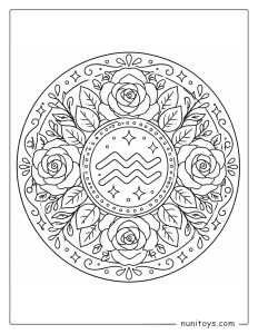 Aquarius mandala coloring page featuring roses and leaves arranged in circular harmony