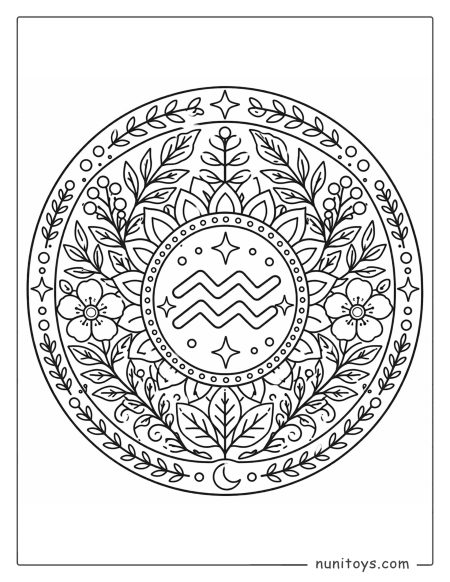 Aquarius mandala coloring page with botanical patterns and zodiac-inspired centerpiece design