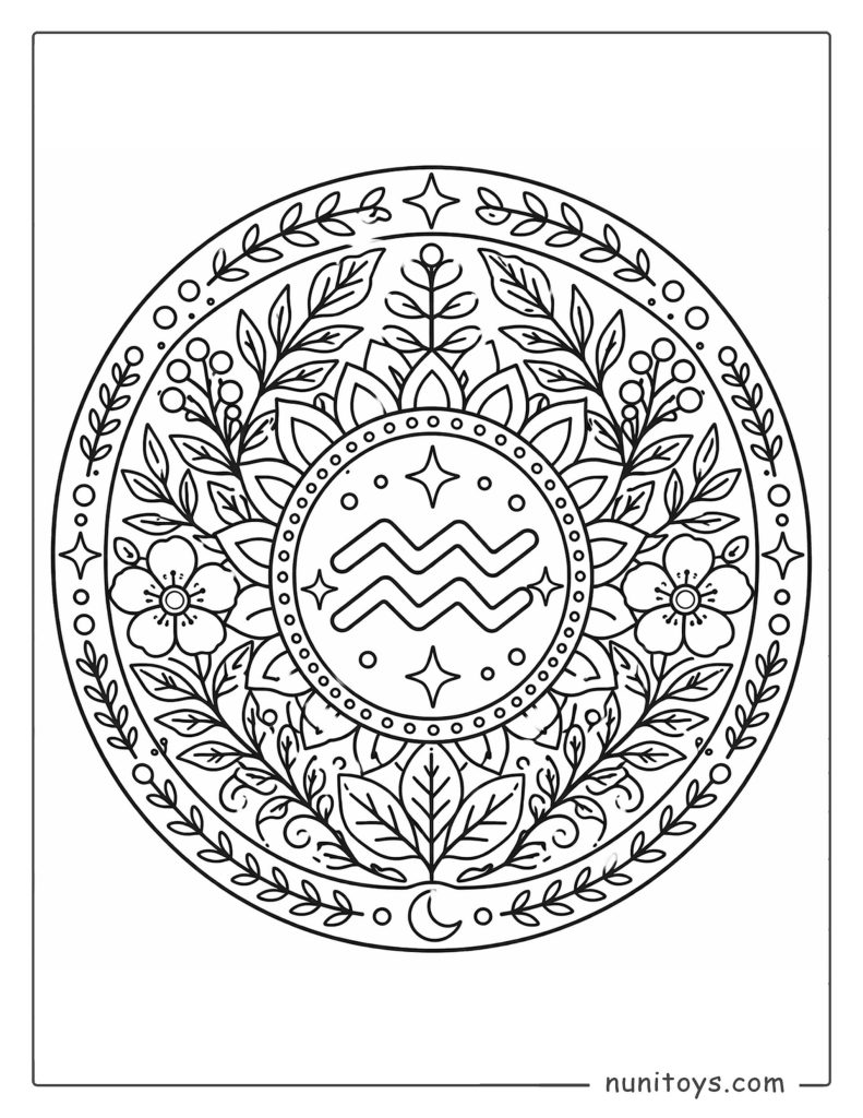 Aquarius mandala coloring page with botanical patterns and zodiac-inspired centerpiece design