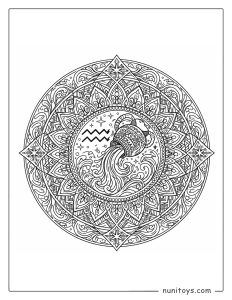 Aquarius mandala coloring page with complex radial geometry and flowing water patterns