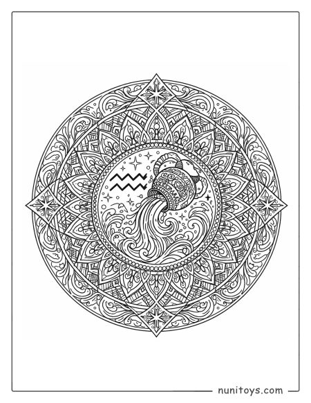 Aquarius mandala coloring page with complex radial geometry and flowing water patterns