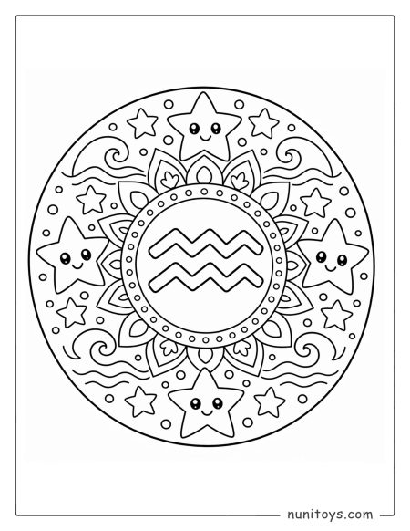 Aquarius mandala coloring page with cute stars and simple wave patterns for kids