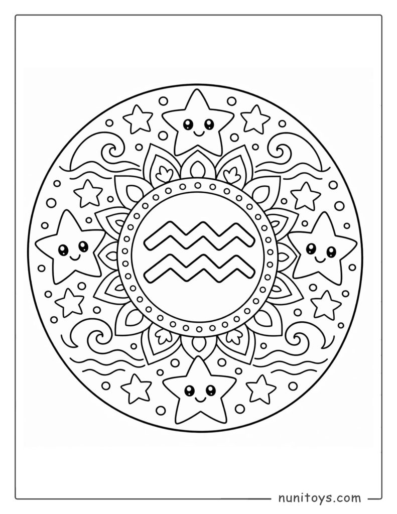 Aquarius mandala coloring page with cute stars and simple wave patterns for kids