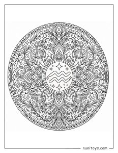 Aquarius mandala coloring page with dense patterns and highly detailed symmetrical layers