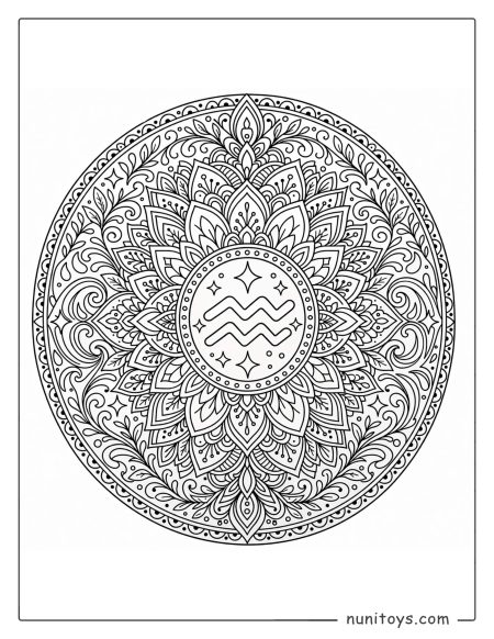 Aquarius mandala coloring page with dense patterns and highly detailed symmetrical layers