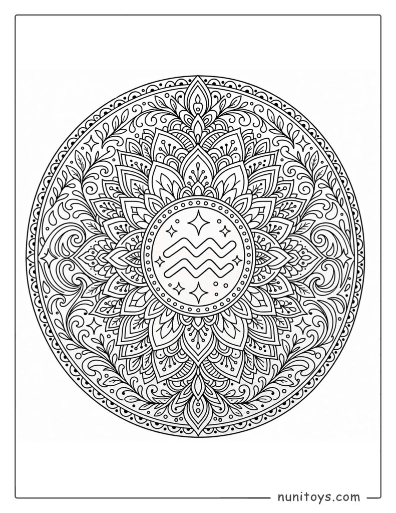 Aquarius mandala coloring page with dense patterns and highly detailed symmetrical layers