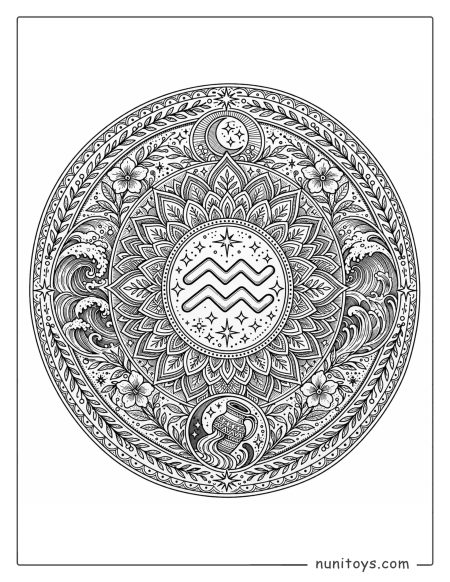 Aquarius mandala coloring page with fine textures and deep layered circular composition
